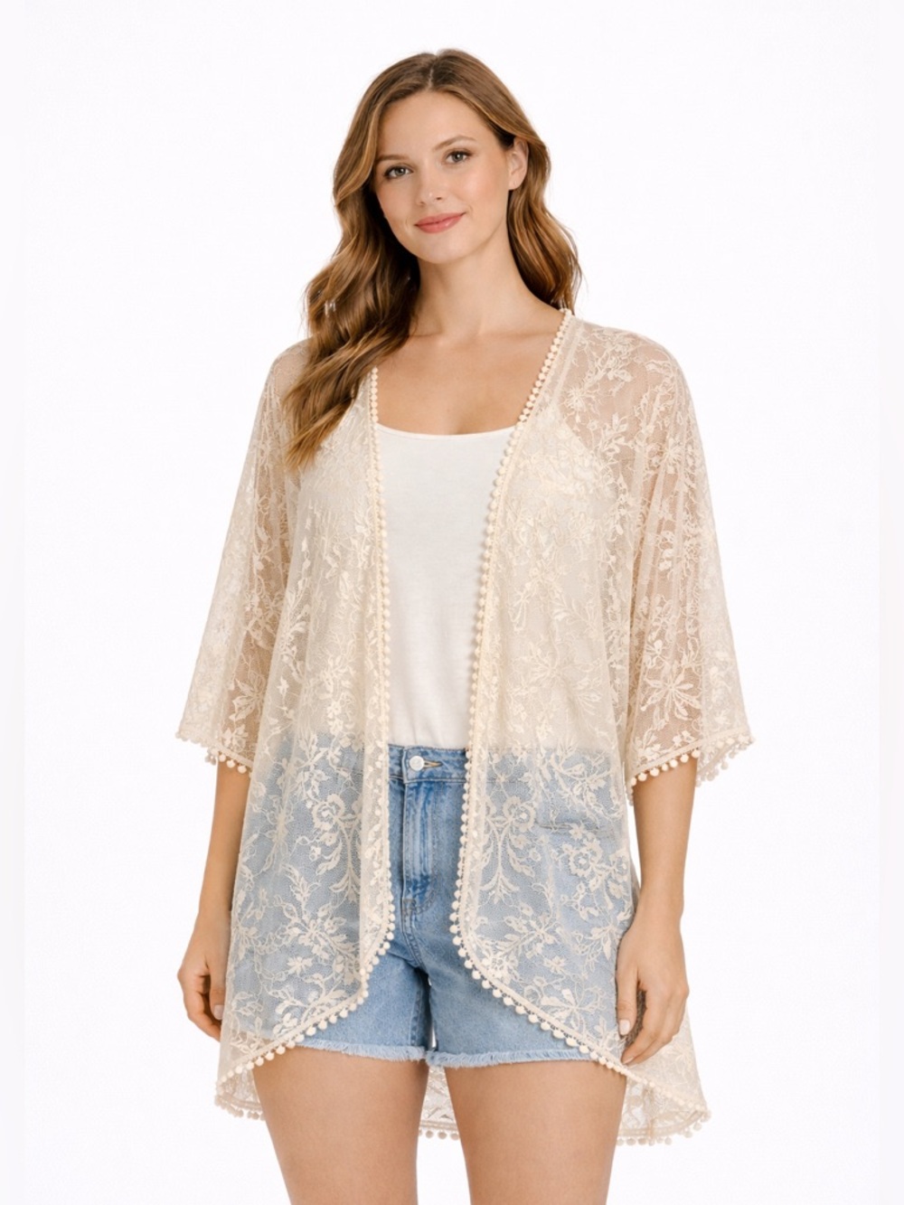 Sheer Lace Kimono Cardigan Boho Open Front Ivory Floral OS